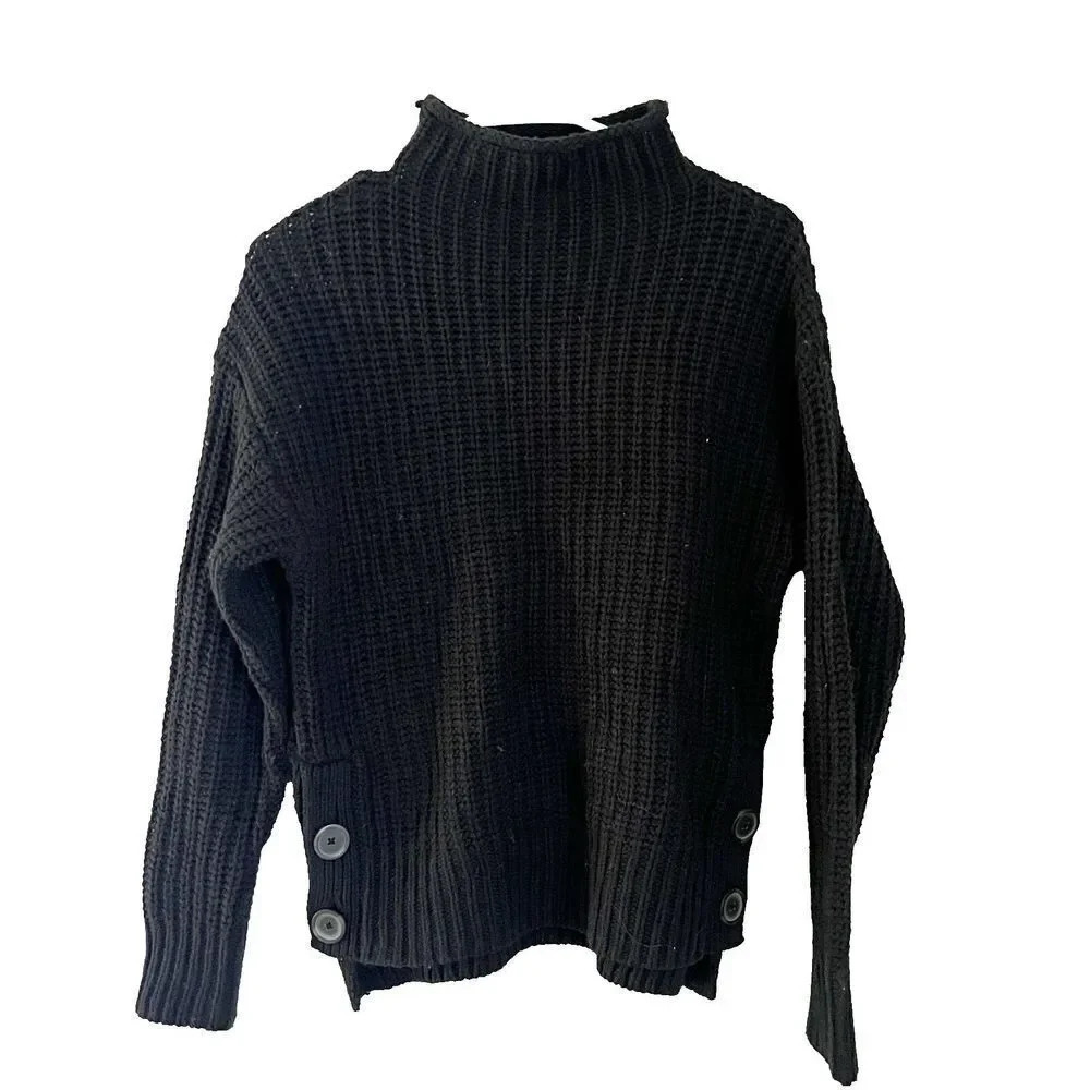 Madewell Womens Black Pullover Sweater XS Chunky Knit Mock Neck Side Button